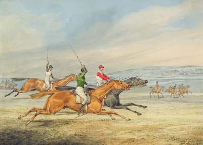 Courses de steeple-chase : Trois cavaliers galopant à droite, spectateurs montés en arrière-plan - Henry Thomas Alken